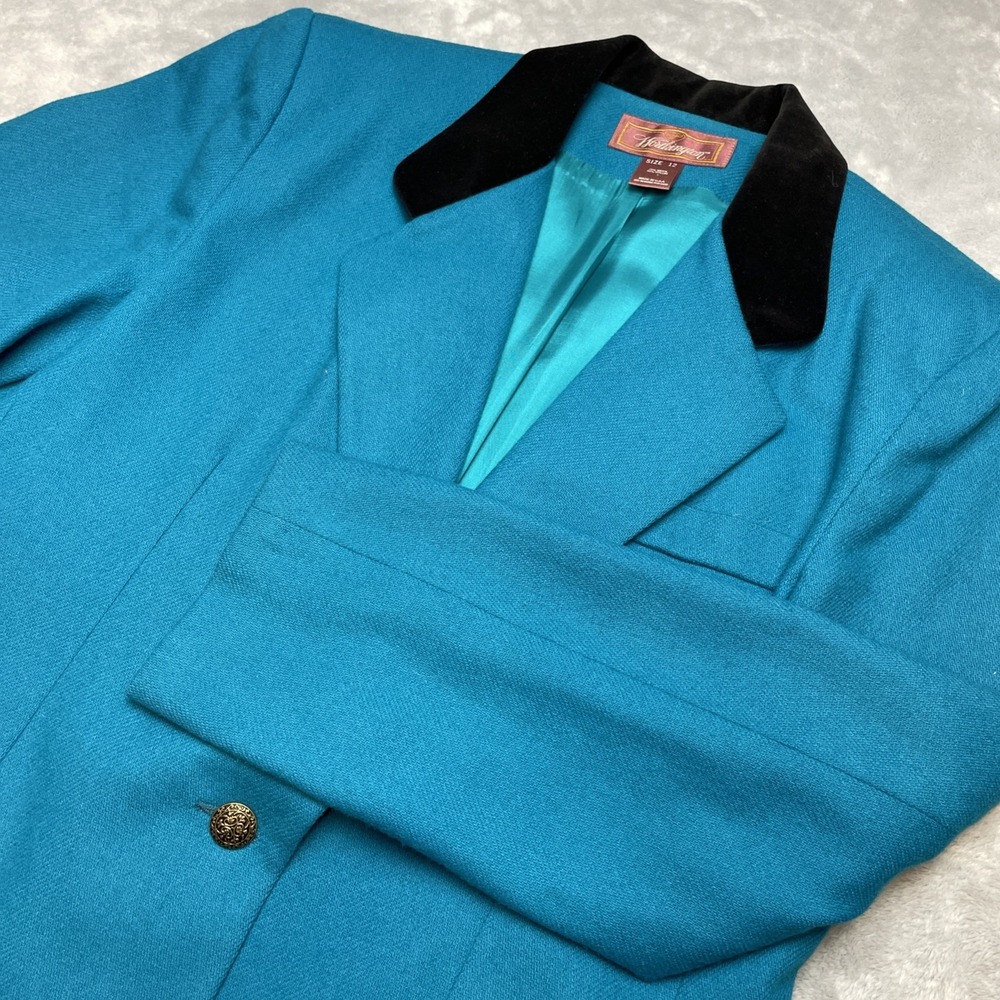 Vintage Worthington Wool Blend‎ Blazer Womens 12 Turquoise Velvet Collar 80s 90s